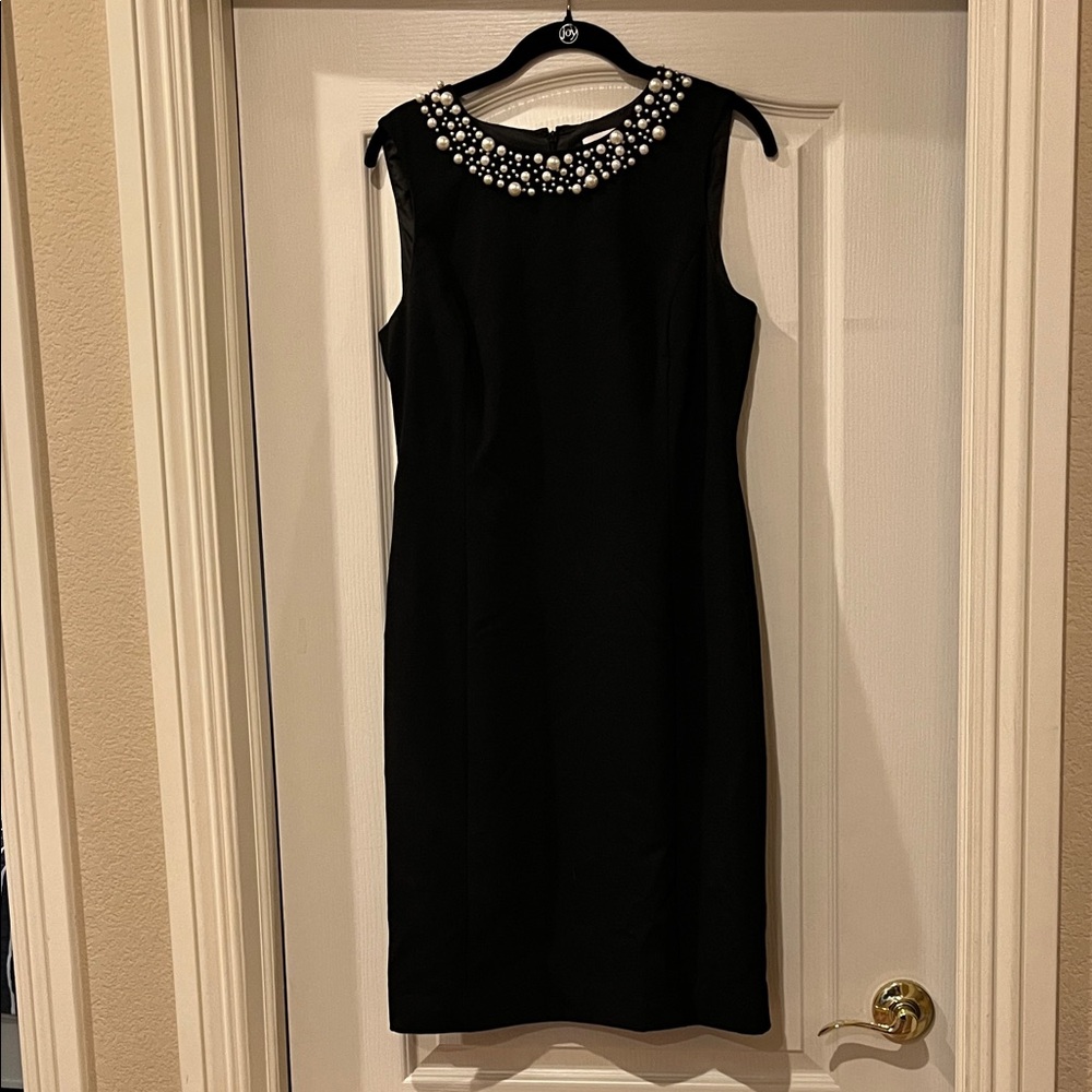 Calvin Klein Black Midi Dress with Embellished Neckline